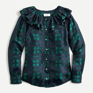 J Crew Silk-twill ruffle-collar top in navy/green